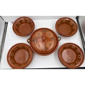 Vintage Mexican Tonala Pottery Dish w Lid Face + 4 Bowls Hand Painted